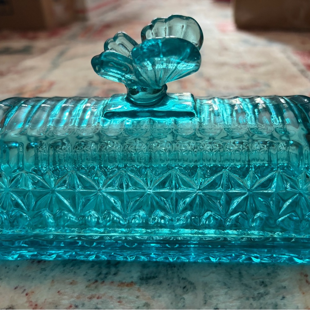 Vintage Teal Butterfly Glass Butter Dish - Picture 2 of 8